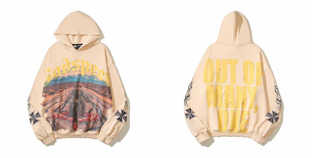 Vintage "Godspeed" Desert Biker Oversized Beige Hoodie