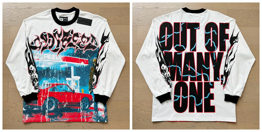 Godspeed "Out of Many, One" Red Car Graphic White Long Sleeve Tee