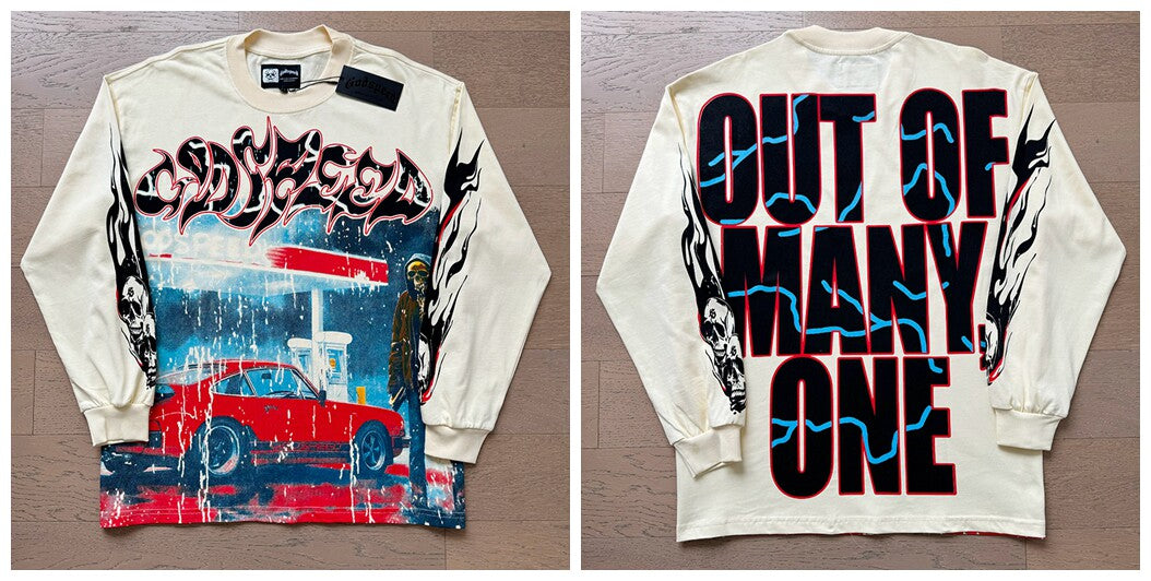Godspeed "Out of Many, One" Red Car Graphic Beige Long Sleeve Tee