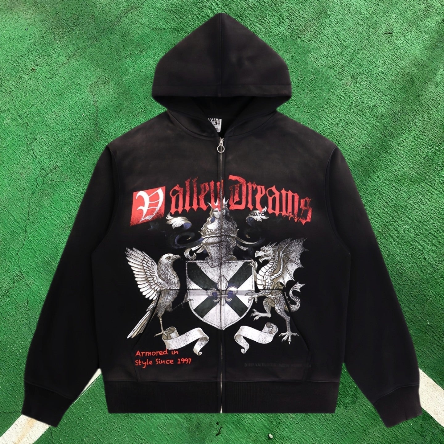 Vale Forever Graphic Full-Zip Hoodie (Black / Crest & Dragon Coat of Arms)