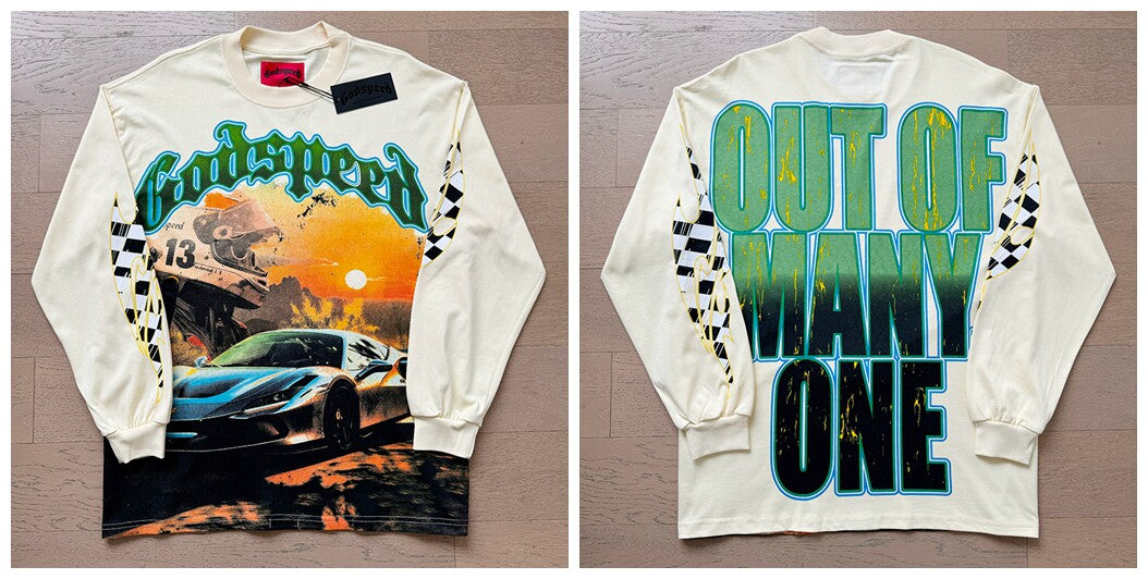 Godspeed "Out of Many, One" Sports Car Graphic Beige Long Sleeve Tee