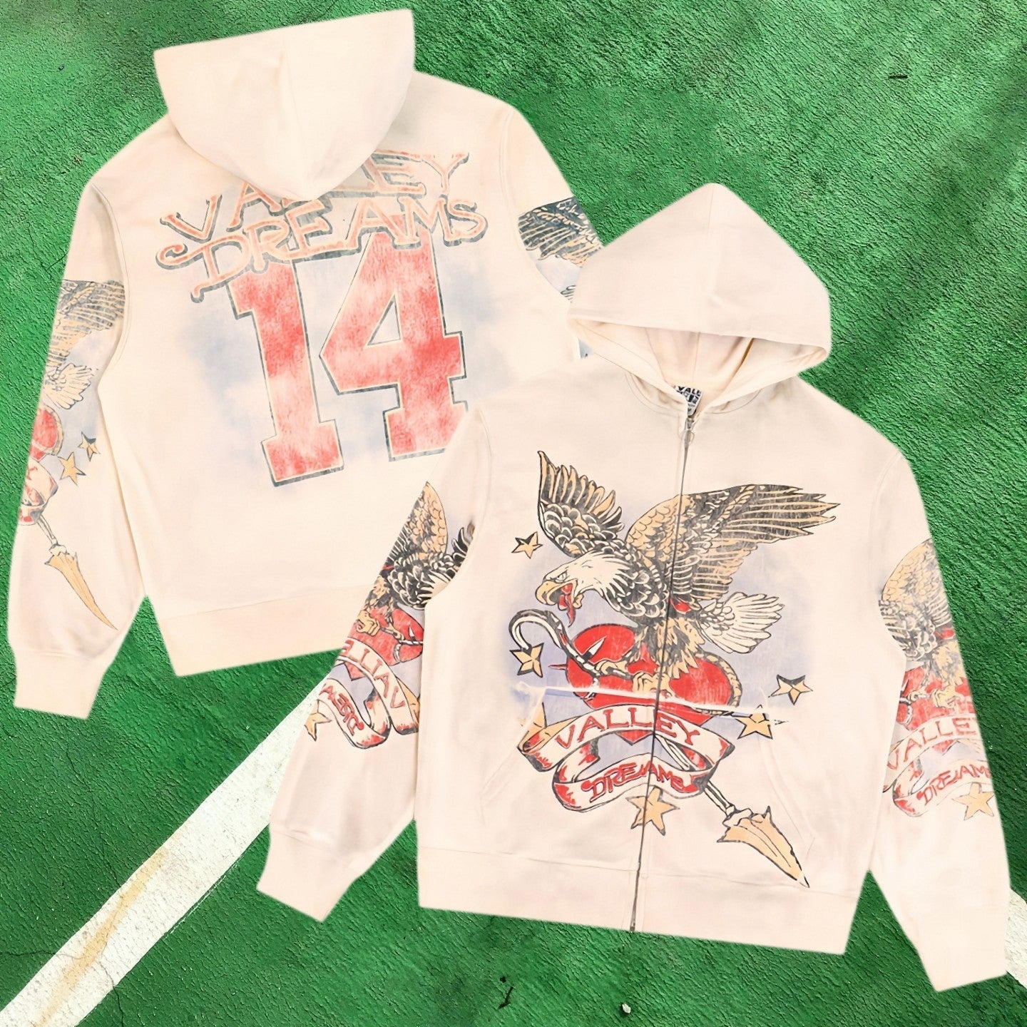 Vale Forever Graphic Full-Zip Hoodie (Cream / Eagle, Heart & Number 14)