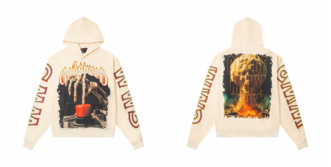Vintage "Godspeed" Nuclear Button Skeleton Oversized Beige Hoodie