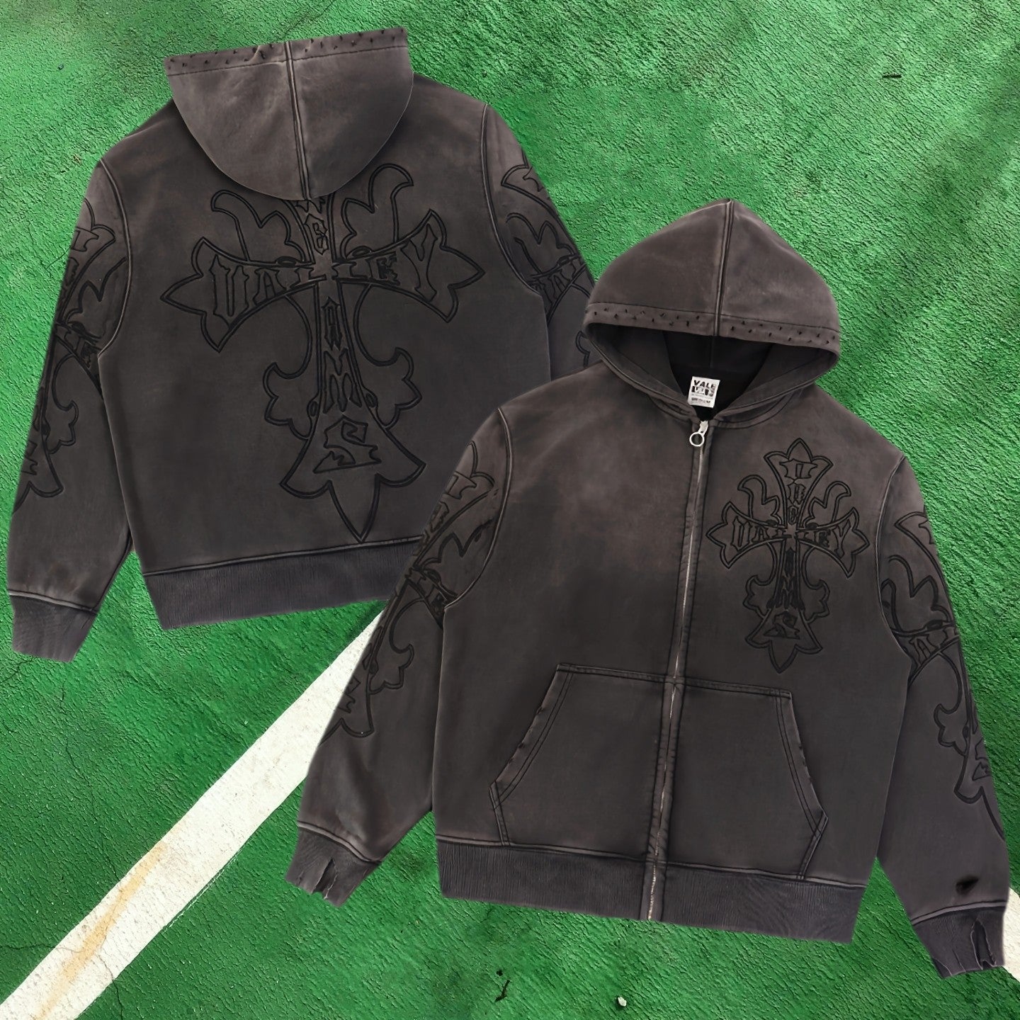 Vale Forever Embroidered Cross Full-Zip Hoodie (Vintage Black / Gothic Cross)