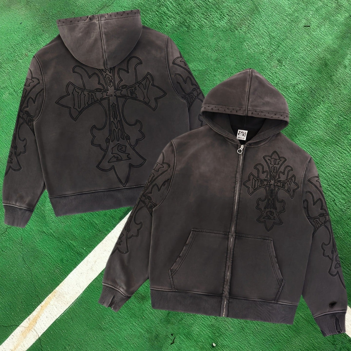 Vale Forever Embroidered Cross Full-Zip Hoodie (Vintage Black / Gothic Cross)