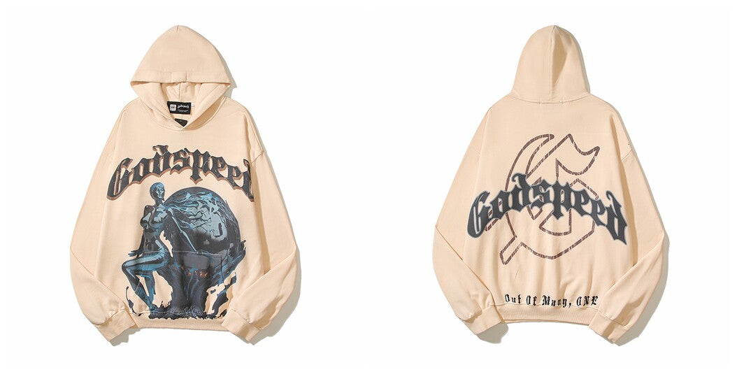 Vintage "Godspeed" Globe Figure Oversized Beige Hoodie