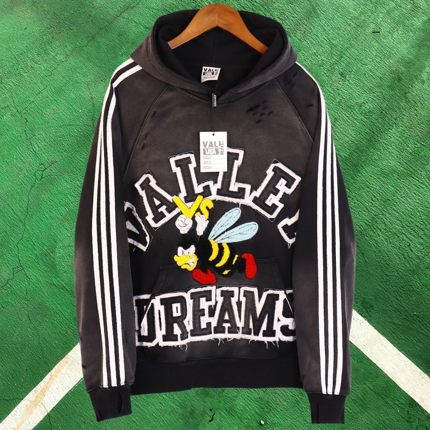Vale Forever Vintage Sport Graphic Pullover Hoodie (Black / Bee Applique & Striped Sleeves)