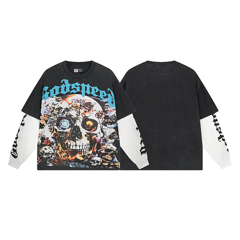 Godspeed Floral Skull Black Layered-Look Long Sleeve Tee