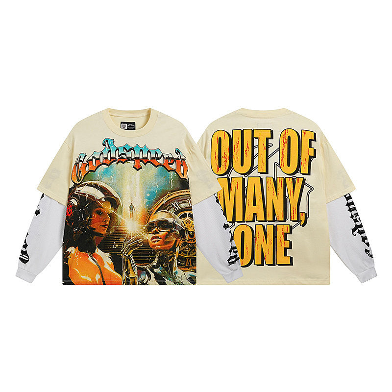 Godspeed "Out of Many, One" Futuristic Sci-Fi Graphic Beige Layered-Look Long Sleeve Tee