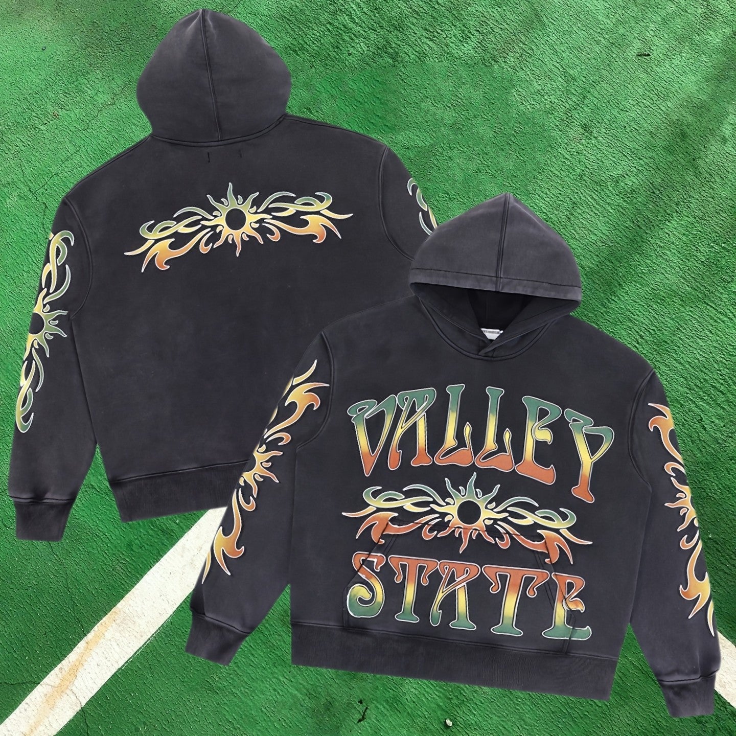 Valley State Graphic Pullover Hoodie (Black / Sun & Tribal Flame Graphics)