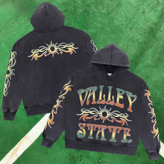 Valley State Graphic Pullover Hoodie (Black / Sun & Tribal Flame Graphics)