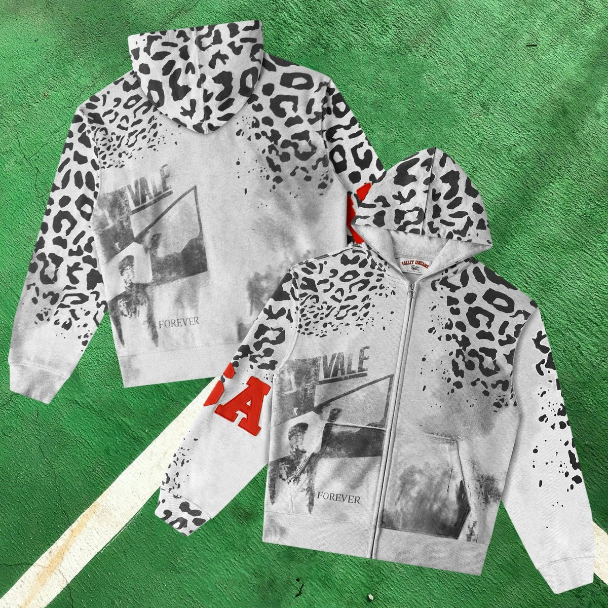 Vale Forever Graphic Full-Zip Hoodie (Grey / Leopard Fade & Photo Print)