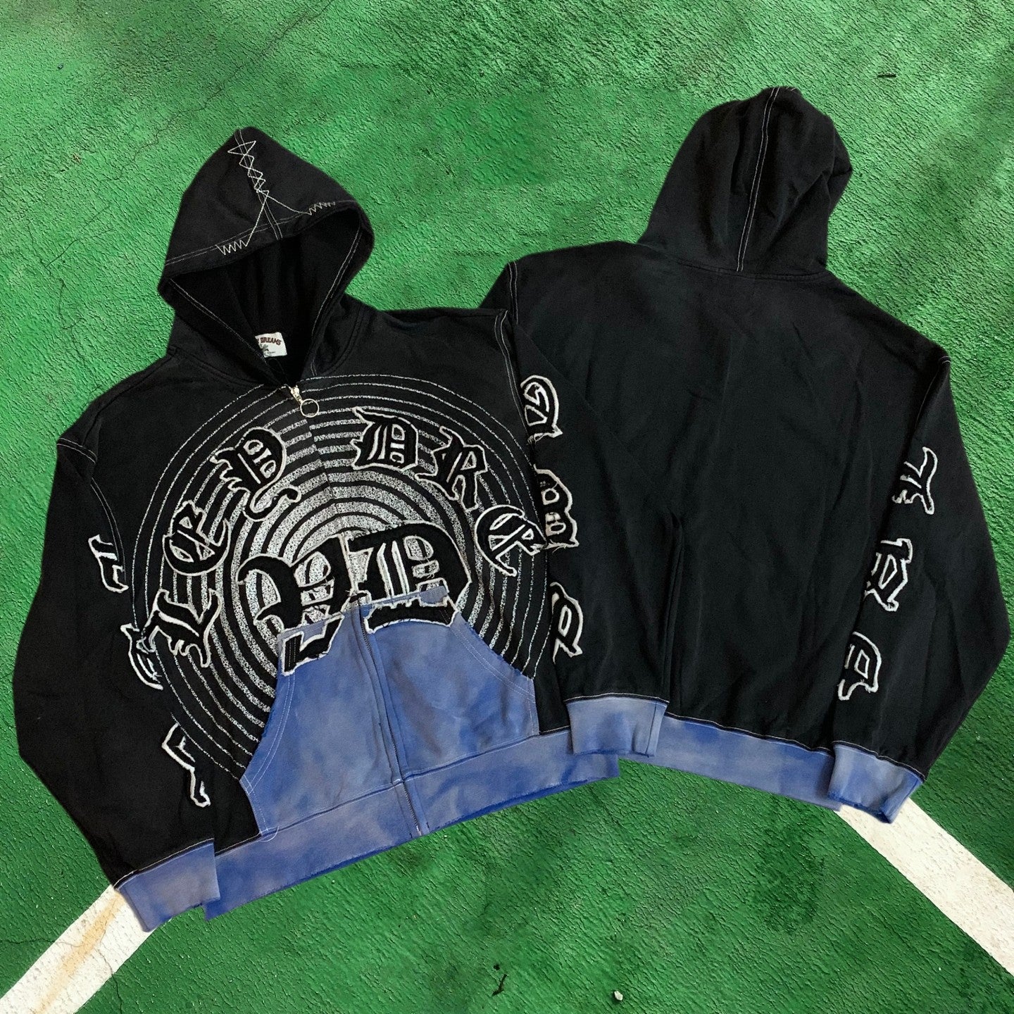 Vale Forever Contrast Stitch Full-Zip Hoodie (Black & Blue / Spiral Target & Gothic Typography)