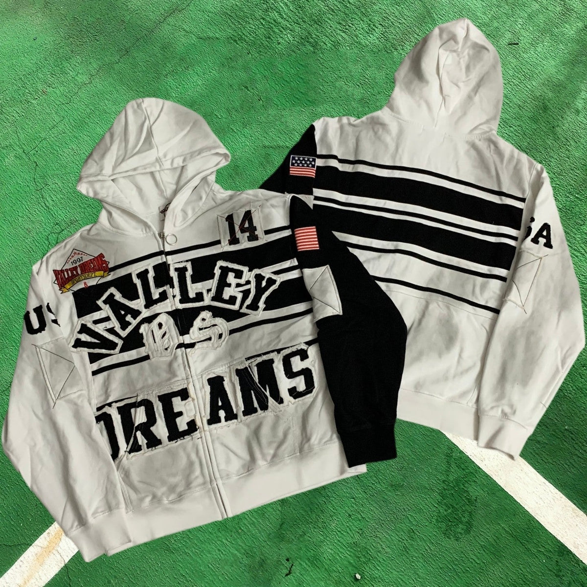Vale Forever Varsity Full-Zip Hoodie (White & Black / Horizontal Stripes & Number 14)