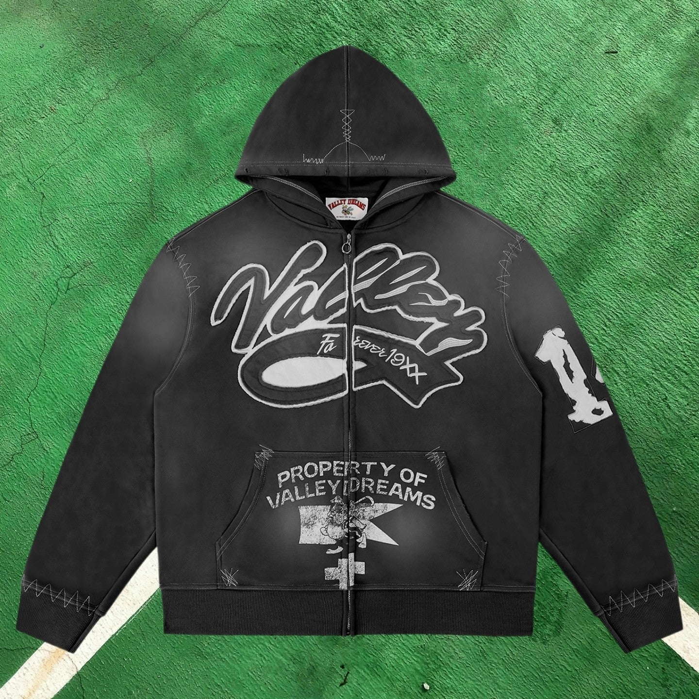 Vale Forever Contrast Stitch Full-Zip Hoodie (Washed Black / Property of Vale Forever)