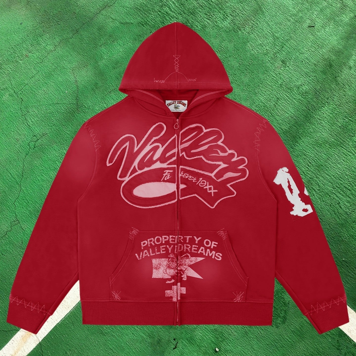 Vale Forever Contrast Stitch Full-Zip Hoodie (Washed Red / Property of Vale Forever)
