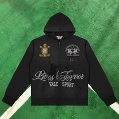 Vale Forever Equestrian Full-Zip Hoodie (Black / Polo Motif & "Lives Forever")