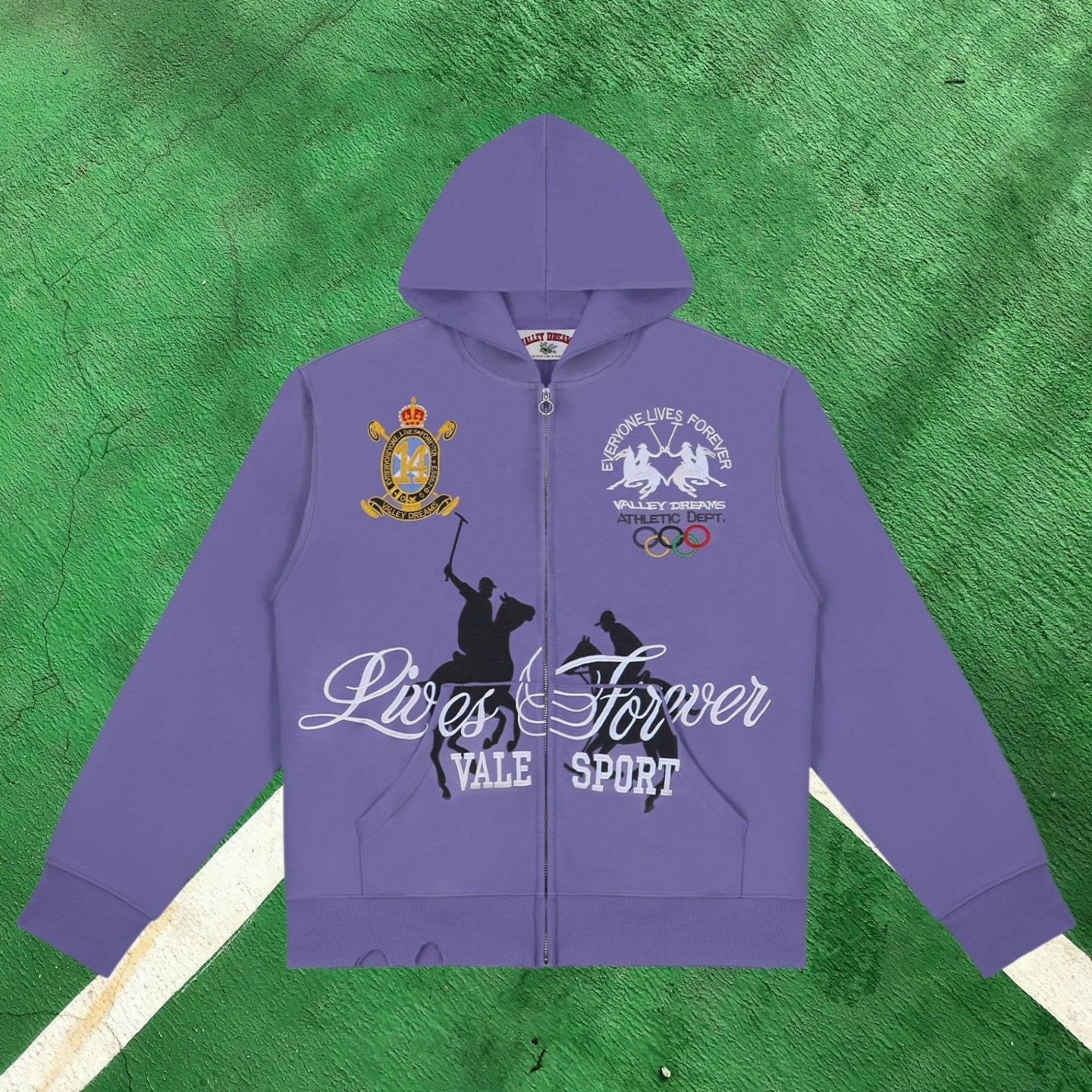 Vale Forever Equestrian Full-Zip Hoodie (Purple / Polo Motif & "Lives Forever")