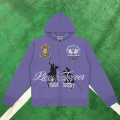 Vale Forever Equestrian Full-Zip Hoodie (Purple / Polo Motif & "Lives Forever")