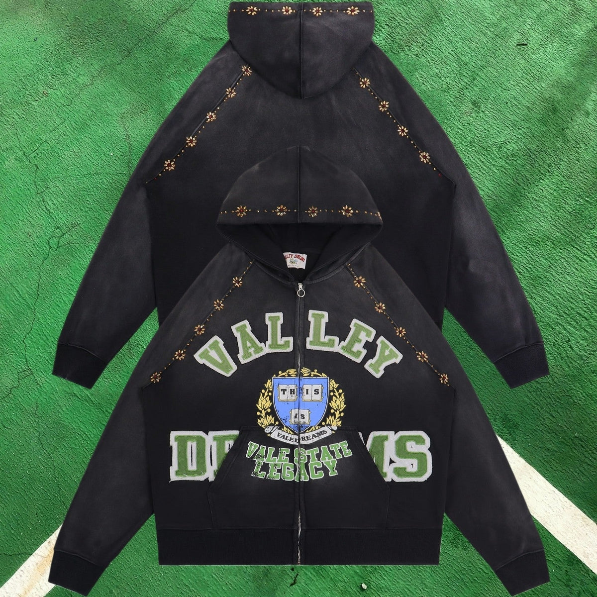 Vale Forever Collegiate Full-Zip Hoodie (Washed Black / Green & Blue Crest Motif)
