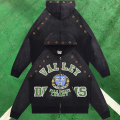 Vale Forever Collegiate Full-Zip Hoodie (Washed Black / Green & Blue Crest Motif)