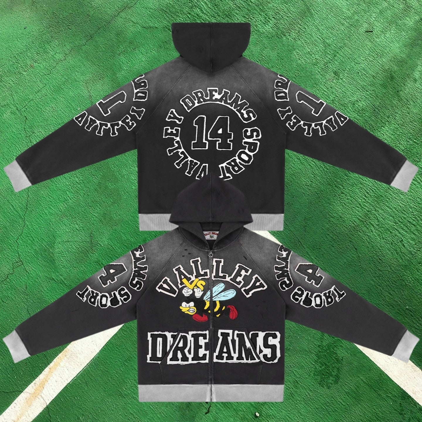 Vale Forever Graphic Full-Zip Hoodie (Washed Black / Bee Motif & Number 14)