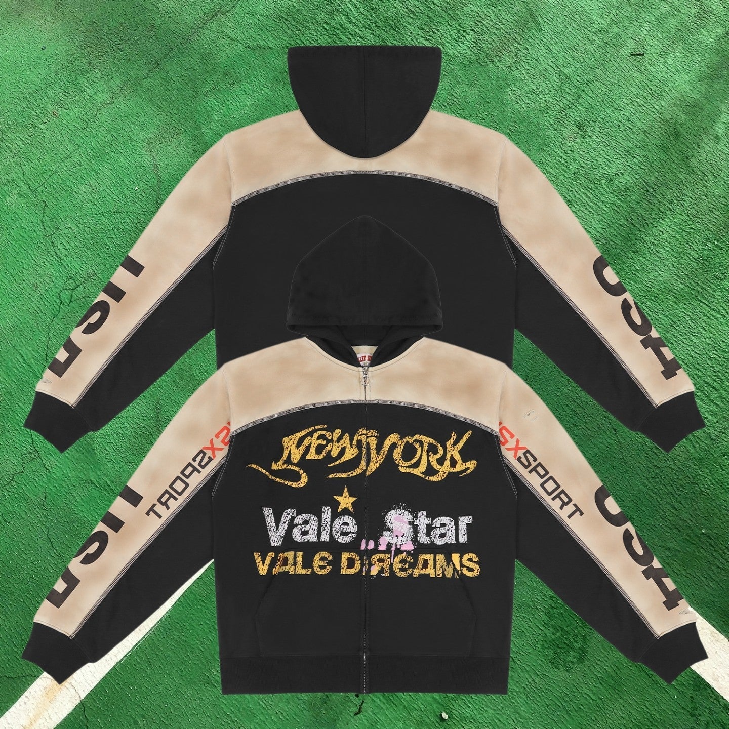 Vale Forever Graphic Full-Zip Hoodie (Black & Beige / New York & Vale Star Motifs)