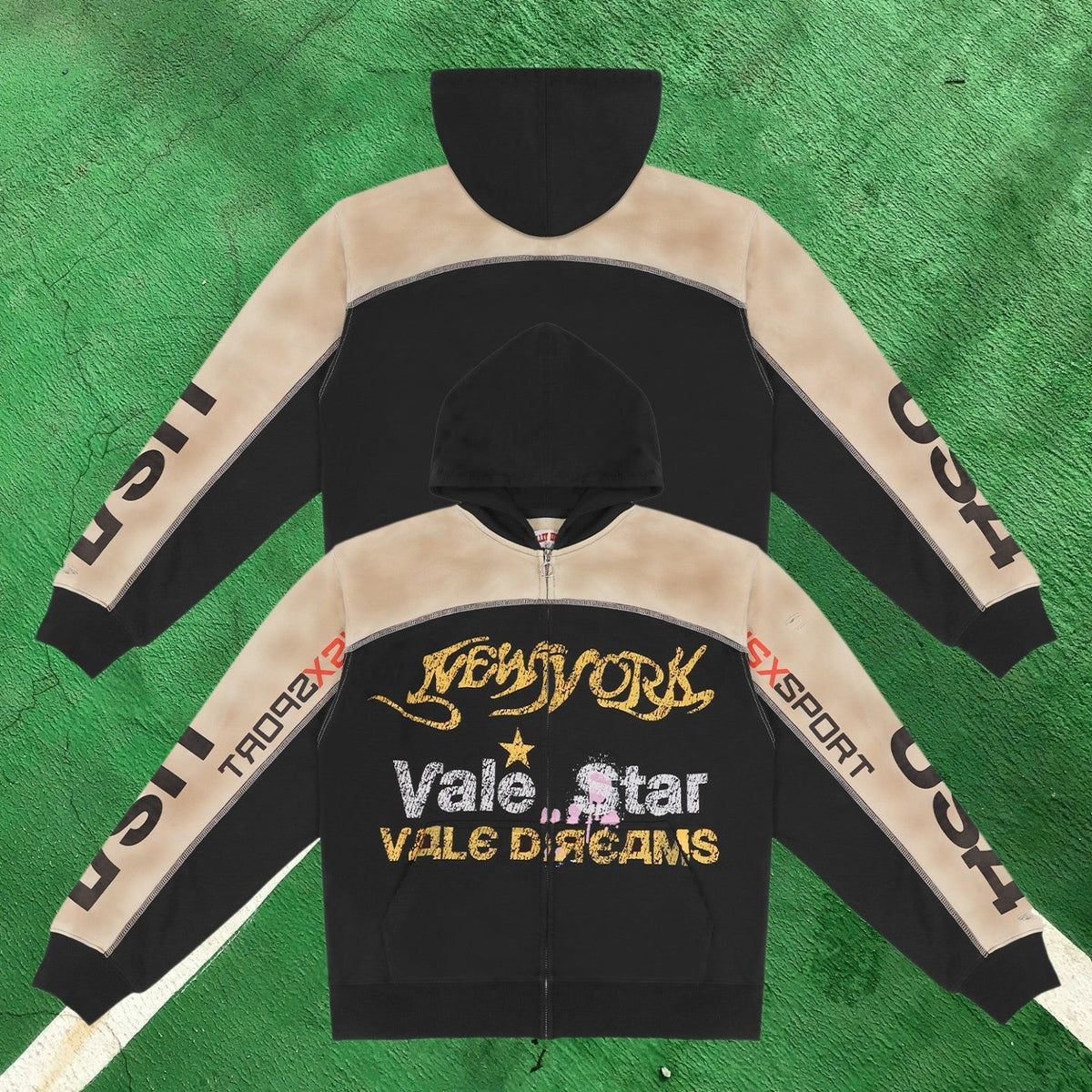 Vale Forever Graphic Full-Zip Hoodie (Black & Beige / New York & Vale Star Motifs)