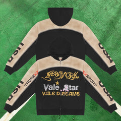 Vale Forever Graphic Full-Zip Hoodie (Black & Beige / New York & Vale Star Motifs)
