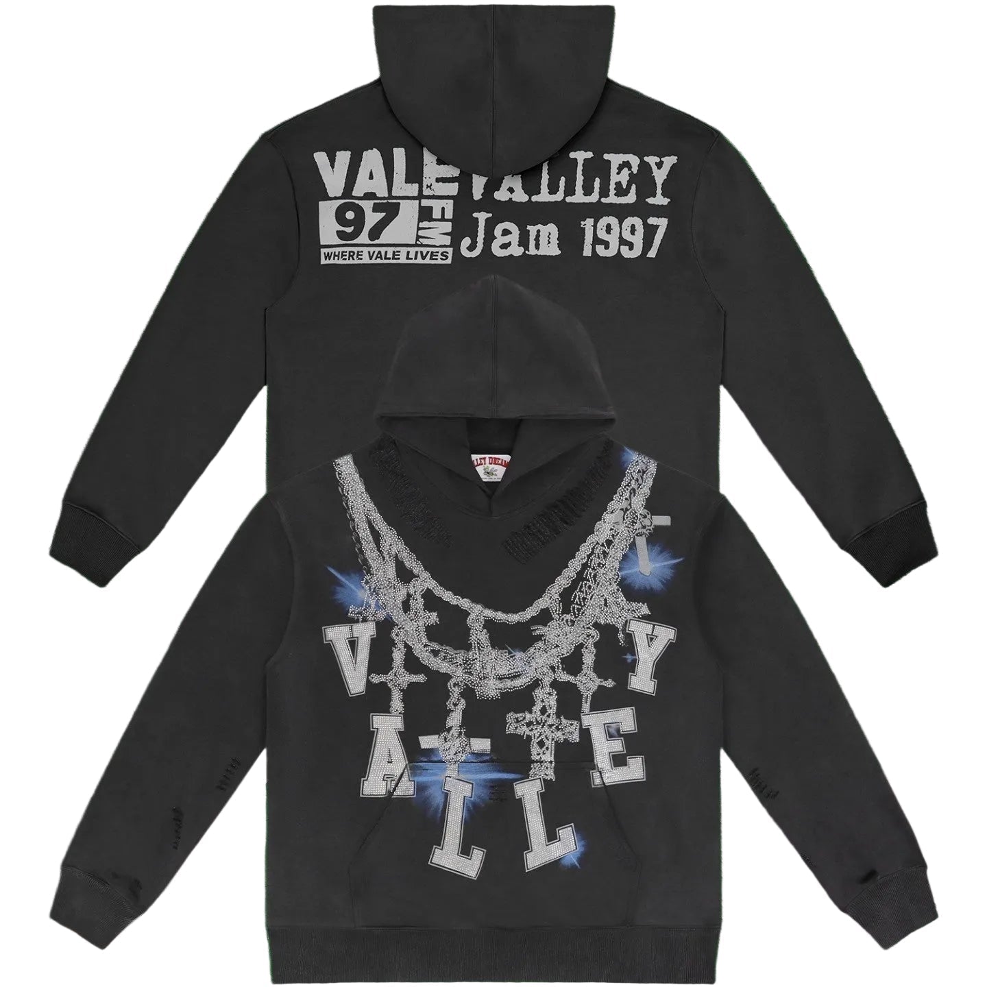 Vale Forever Graphic Pullover Hoodie (Washed Black / Rhinestone Chain & Cross Motifs)