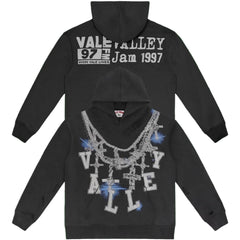 Vale Forever Graphic Pullover Hoodie (Washed Black / Rhinestone Chain & Cross Motifs)