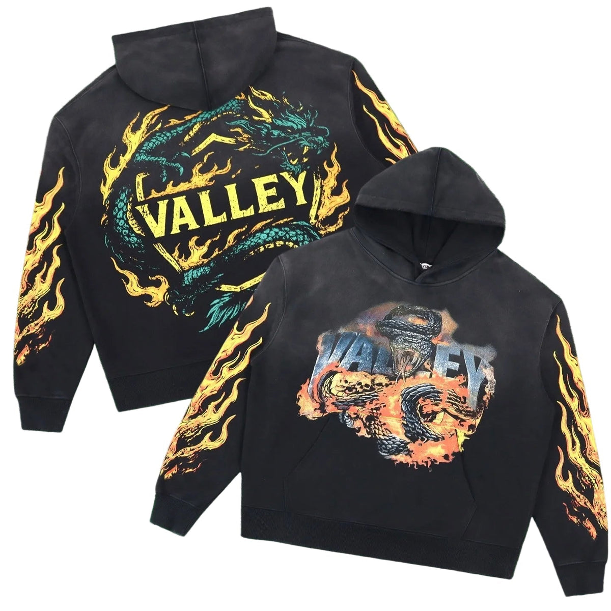 Vale Forever Graphic Pullover Hoodie (Washed Black / Dragon & Fire Flame Motifs)